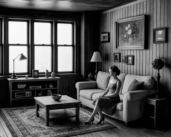 Laurie Simmons — Autofiction: Black & White/Living Room (Woman Sitting Alone)