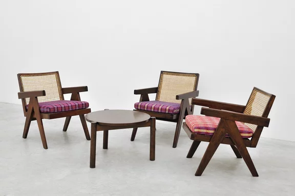 Mark Barrow & Sarah Parke — Cushions by Sarah Parke for Pierre Jeanneret's Armchair with table